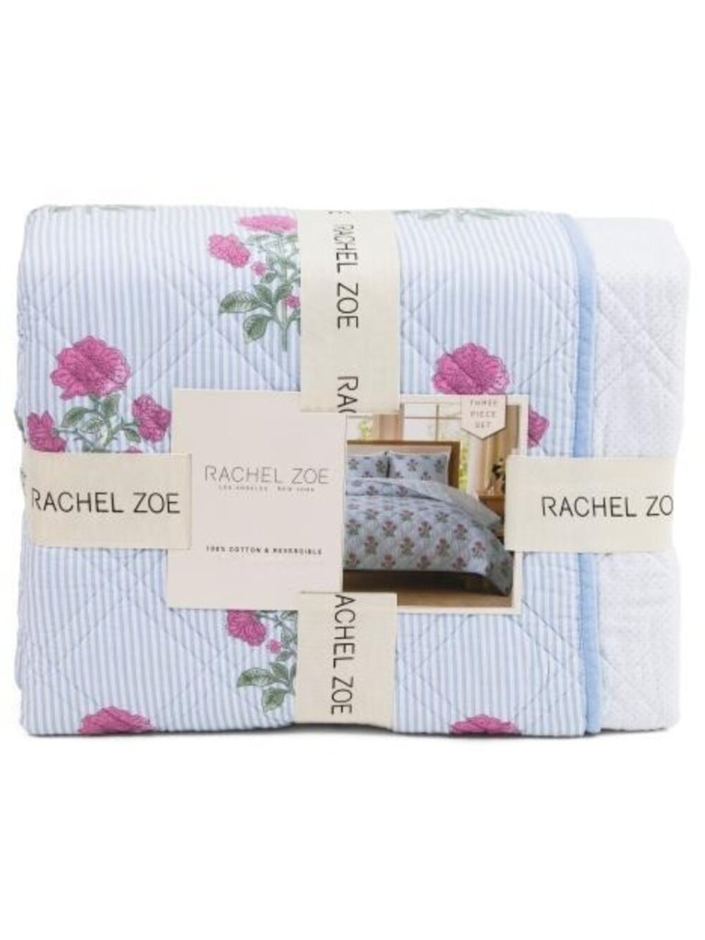 RACHEL ZOE Cotton Striped Reversible Floral To Dot Quilt Set